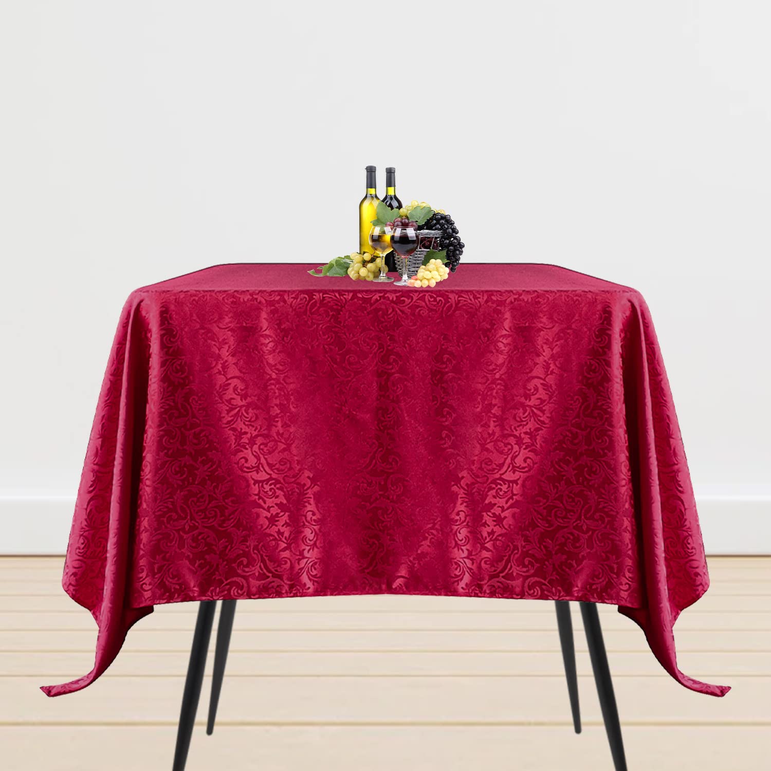 WedDecor 90" Square Damask Tablecloth Scrolled Leaves Pattern Seamless Circular Linen Table Cover For Restaurant, Dining, Weddings & Events Table Decorations, Red, 1pc