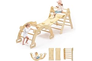 CoziBB Pikler Triangle Set, 5 in 1 Wooden Montessori Climbing Toys Baby Indoor Playground Gym, Foldable Indoor Climbing Toys with Ramp, Arch Climber, Baby Climbing Toys for Toddlers 1-3 Inside