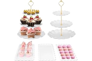 5 Packs Plastic Dessert Display Set, 2 White & Gold Tiered Cupcake Stands 3-Tier Round Cake Tower with Gold Handle, 3Pcs Whit