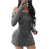 winkbay Women's Off The Shoulder Sweater Dress Y2k Long Sleeve Bodycon Mini Ribbed Knit Going Out Dresses