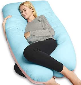 QUEEN ROSE 55in Pregnancy Pillow, U-Shaped Full Body Pillow for Back Support with Satin Cover for Anyone,Blue and Pink
