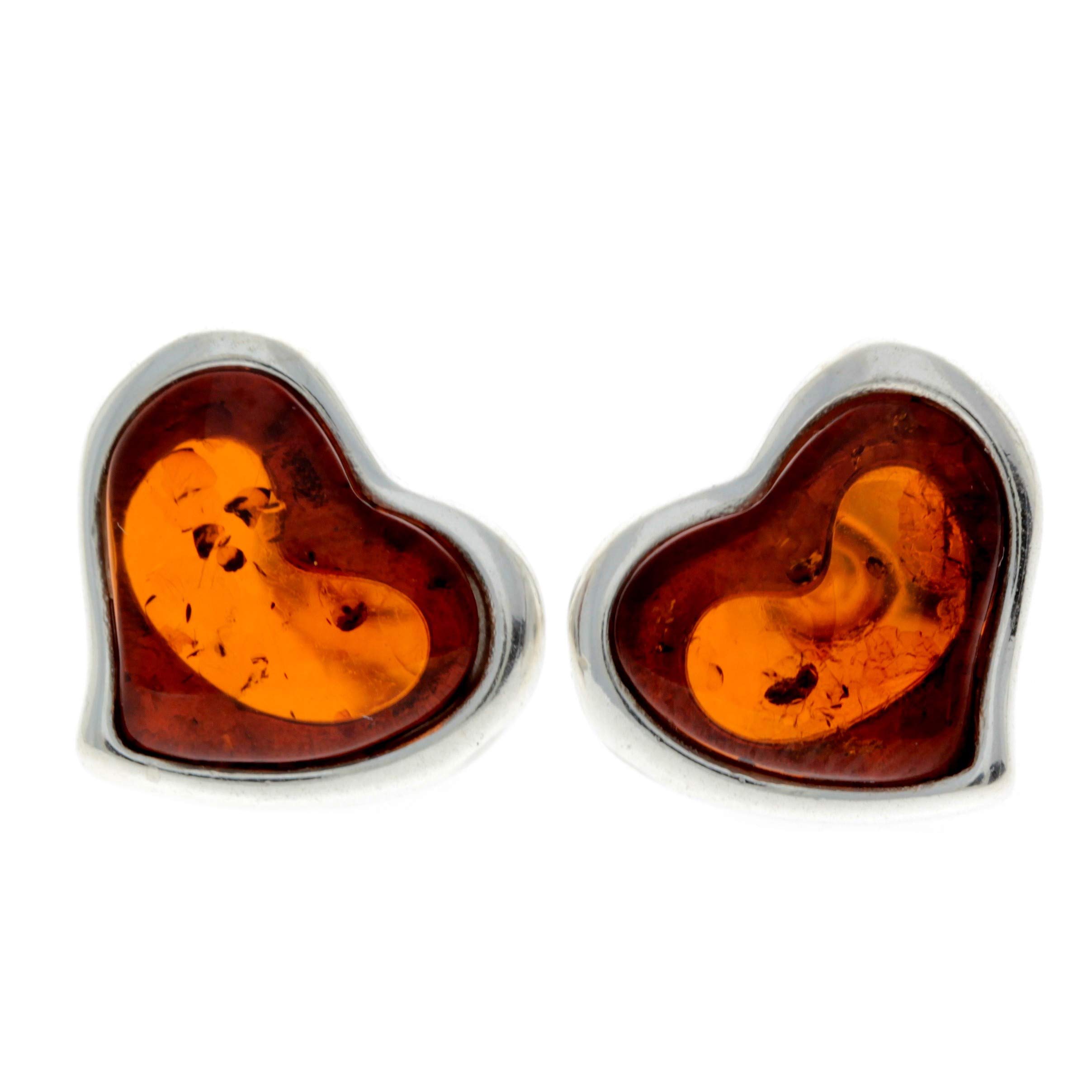 Classic Genuine Natural Cognac Baltic Amber and 925 Sterling Silver Hearts Studs Earrings AC004C