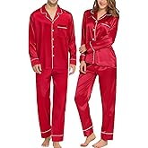 SWOMOG Couples Matching Pajamas Sets Women & Men Silk Satin Long Sleeve Button Down Sleepwear 2 Pcs Classic Loungewear