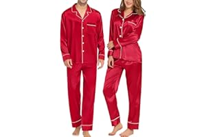 SWOMOG Couples Matching Pajamas Sets Women & Men Silk Satin Long Sleeve Button Down Sleepwear 2 Pcs Classic Loungewear