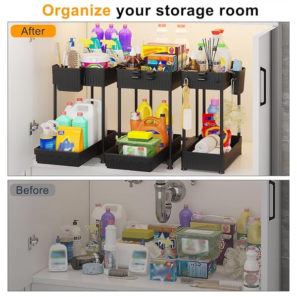 SEVENBLUE 3 PACK UNDER SINK ORGANIZERS,2-TIER MULTI-USE KITCHEN AND BATHROOM ORGANIZERS AND STORAGE WITH SLIDING DRAWERS,BATHROOM CABINET ORGANIZER (BLACK,12.8 INCH)