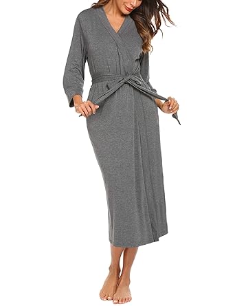 Unibelle Damen Morgenmantel Dünn aus Baumwolle 3/4 Ärmeln Bademantel Nachtwäsche Kimono Saunamantel mit Tiefer V-Ausschnitt S