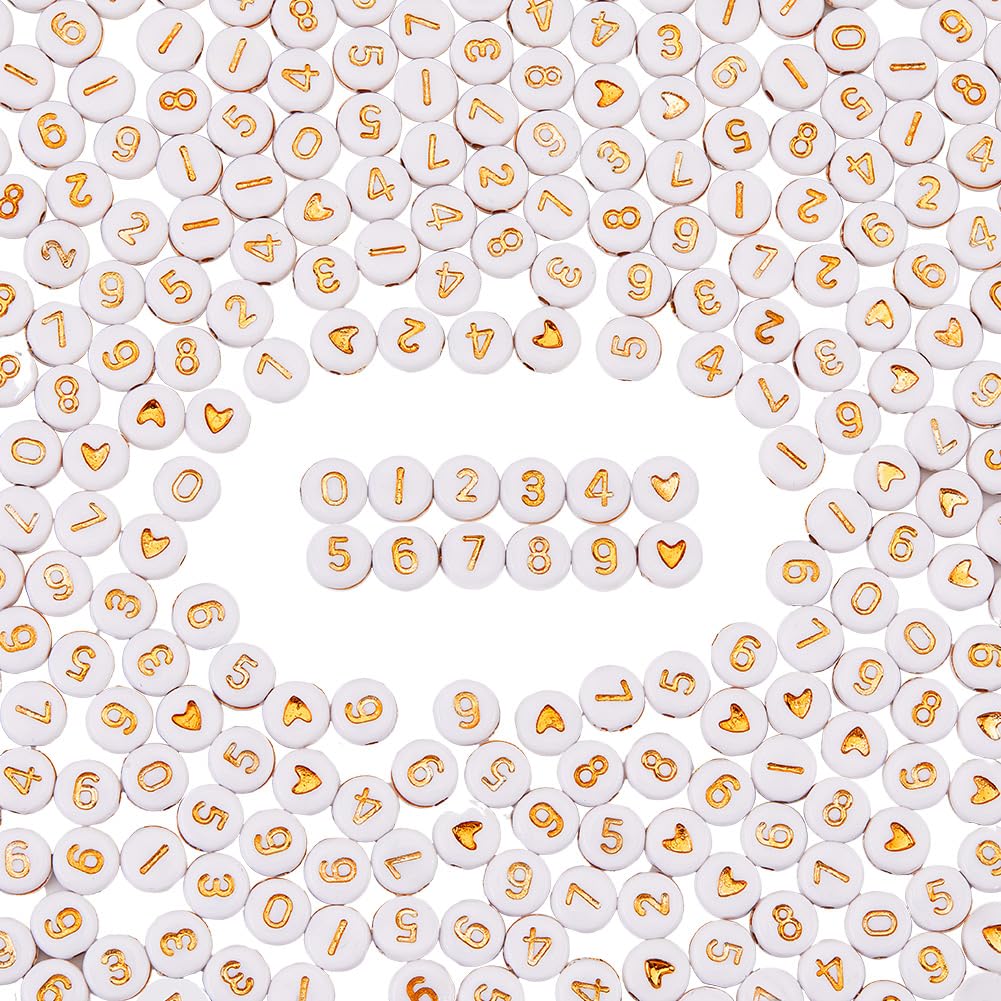 SOFPLATE 1 Box 600pcs 7x4mm Gold Round Number Beads Number Heart Beads Acrylic Plastic White Golden Round 0-9 Numbers Symbol Pattern Loose Bead for jewellery Making DIY Friendship Bracelet Beading Cra