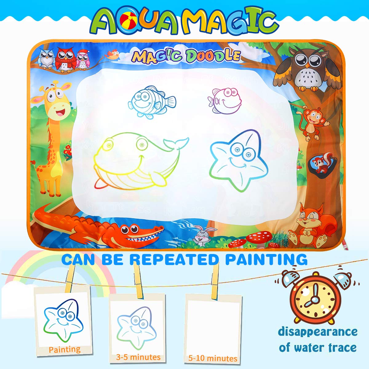 Magic Water Doodle Mat Drawing Mat Multicolor Animal World Theme Toddler Gifts Toys For 2 3 4 Year Old Girls Boys Educational Birthday Gifts Ideal Large Size 39.3 x 27.6 Inch 17pcs Accessories