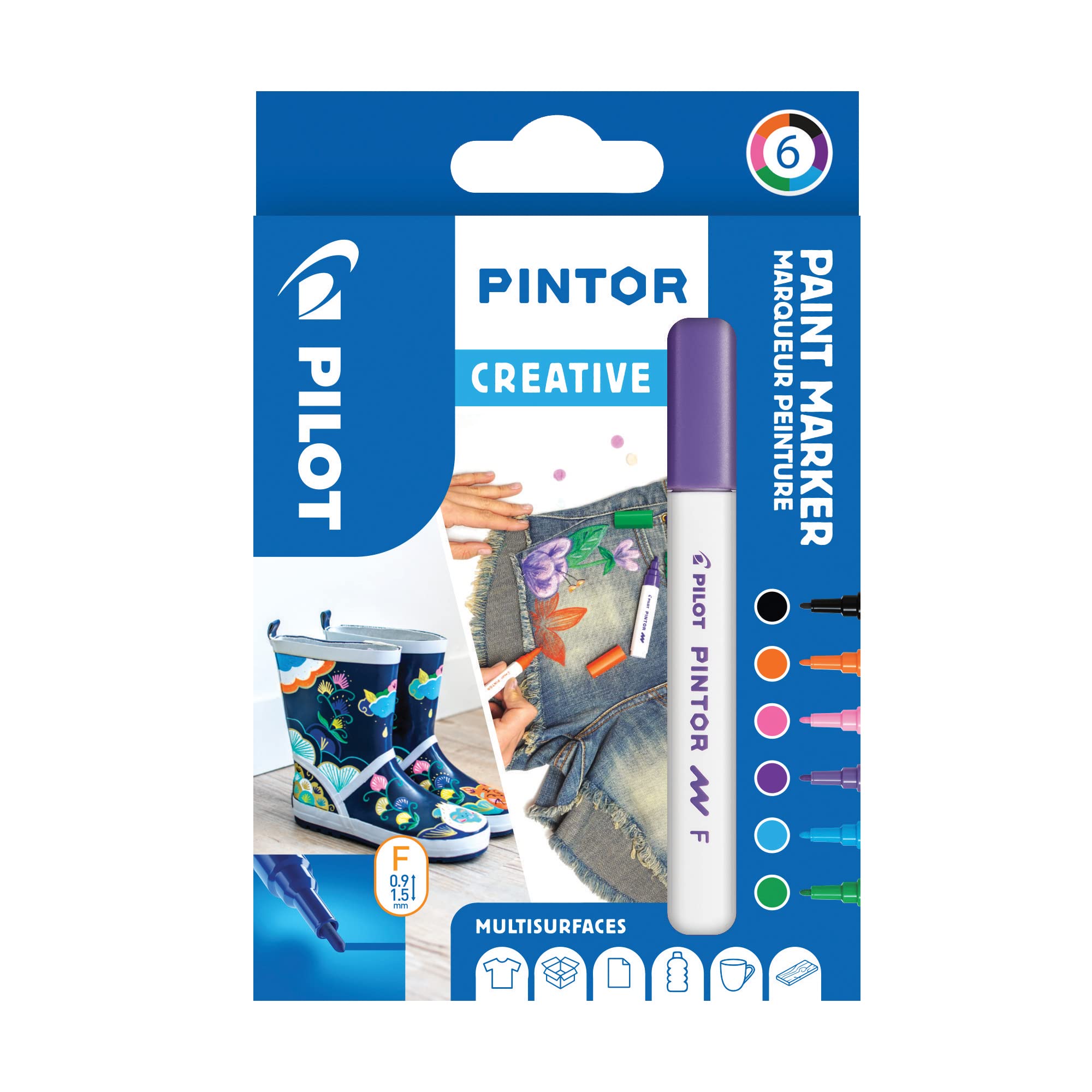 Pilot - Pintor, Wallet of 6 Creative Multi-Surface Water-Based Permanent Markers - Quick Dry - For Fabrics, Glass, Wood, Stone, DIY/Amateur Artists - Fine Tip - Assorted Creative Colors, 3131910517429
