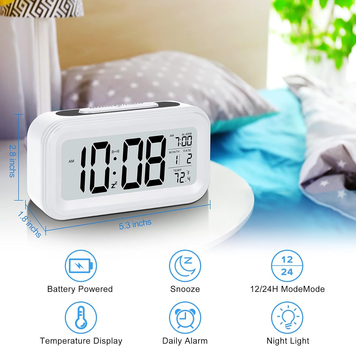 SZELAM Battery Digital Alarm Clock,LCD Clock Electronic for Bedroom Home Office ,with Date,Indoor Temperature,Snooze Light,Small-Sized,Backlight-White: Kitchen & Dining