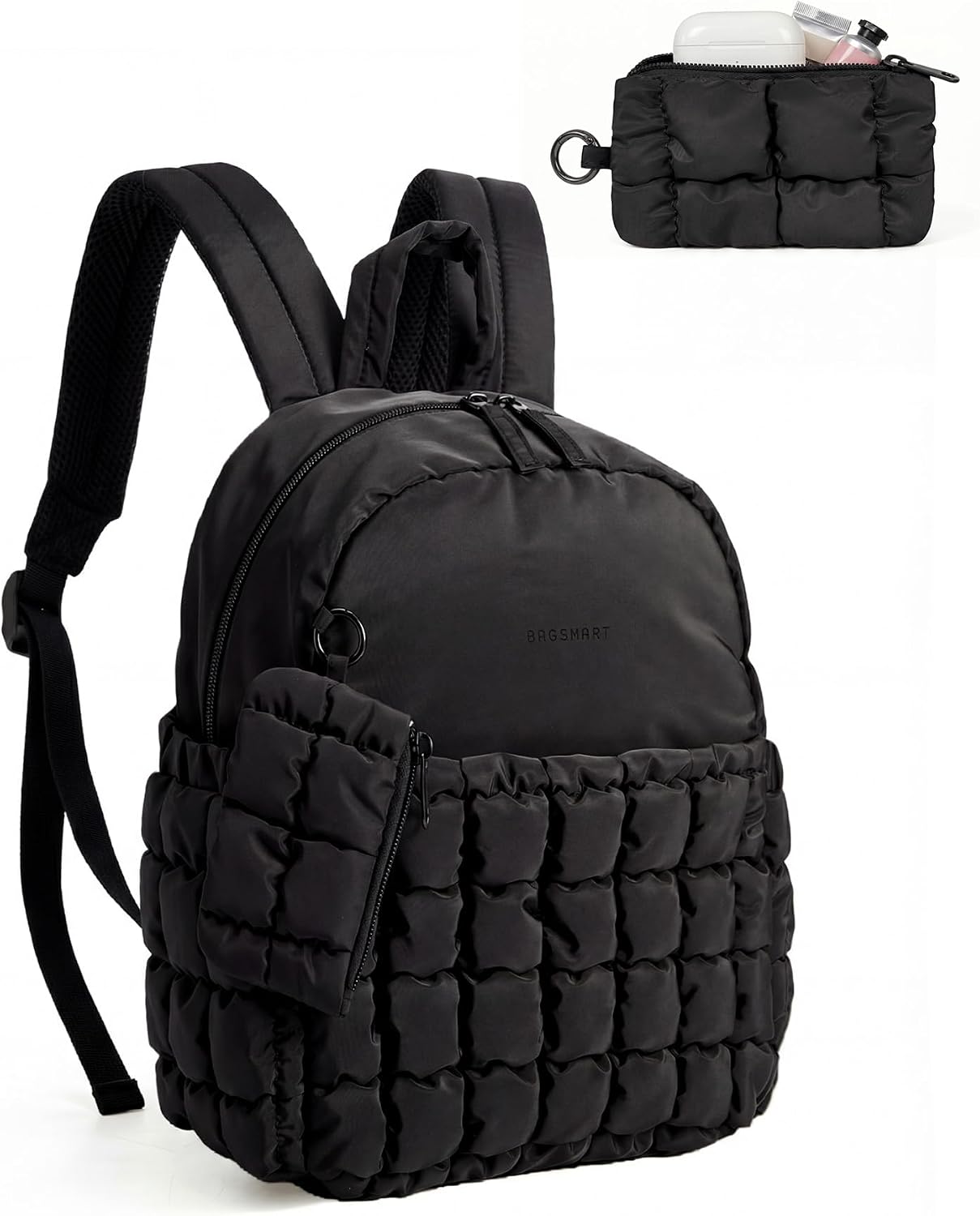 BAGSMART Mini Backpacks for Women, Puffy Checkered Quilted Small Backpack with Pouch, Lightweight Daypack Purse, Water-Resistant Bookbag for Daily Travel College, 2-in-1 Set, Black