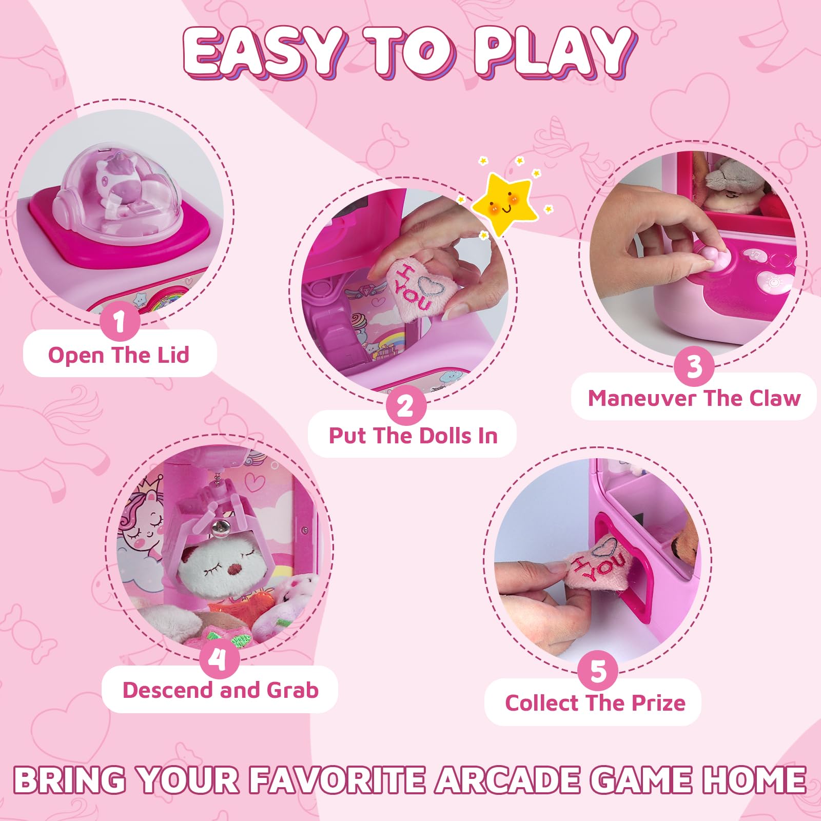 Marlrin Claw Machine for Kids, Mini Vending Machine Girls Unicorn Toys, Candy Grabber Prize Dispenser with Sound & 20 Mini Plush Toys, Electronic Arcade Game Indoor Toy for Home Party Birthday Gifts
