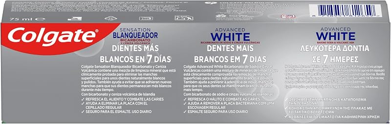 - Pasta de dientes Advanced White con Bicarbonato y Ceniza Volcánica, Pack 12 x 75 ml, Dientes más blancos en 7 días, clínicamente probada para eliminar las manchas superficiales