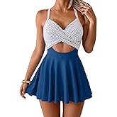 B2prity Women Cutout One Piece Skirt Swimsuit V Neck Tie Back Swimdress Tummy Control Bathing Suit(Stripe,Blue)