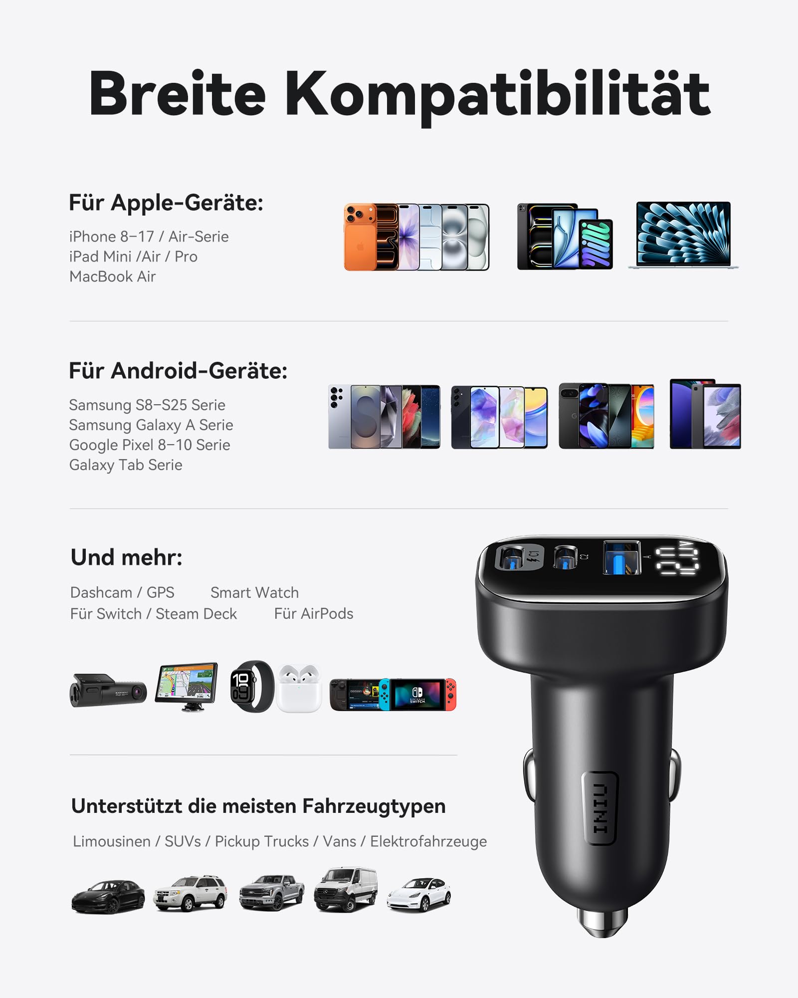 INIU Zigarettenanzünder, 90W [Zwei USB C 45W] Mini Größe Auto Kfz Ladegerät 8