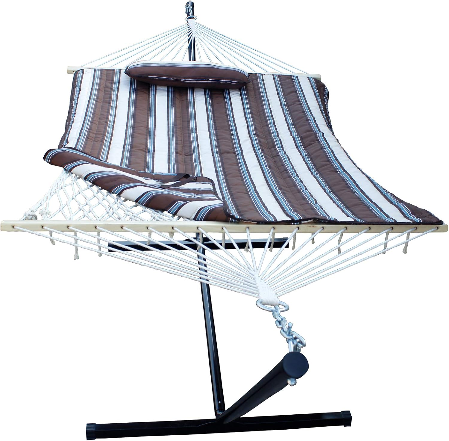 SUNLAX Cotton Rope Freestanding Hammock with 12FT Stand and Spreader Bar, Pad, Detachable Pillow, Indoor or Outdoor Use, Coffee Stripe : Garden & Outdoor