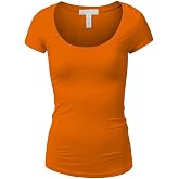 Active Basic Womens Plain Basic Deep Scoop Neck with Cap Short Sleeves - Orange - Small