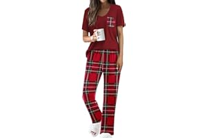 Ekouaer Pajama Sets for Women Short Sleeve Pj Set V Neck Sleepwear Chest Pocket with Long Pants Casual Loose Loungewear