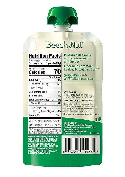 BEECH-NUT PROTEIN & FIBER STAGE 4 APPLE, YOGURT, RASPBERRY, PURPLE CARROT & OATS TODDLER FOOD, 3.5 OZ POUCH