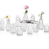 Set of 12 Glass Bud Vase Set, Small Vintage Clear Flower Vase Centerpieces for Table Bulk Cute Rustic Style Mini Vase for Home Decor Wedding Baby Shower Birthday Party