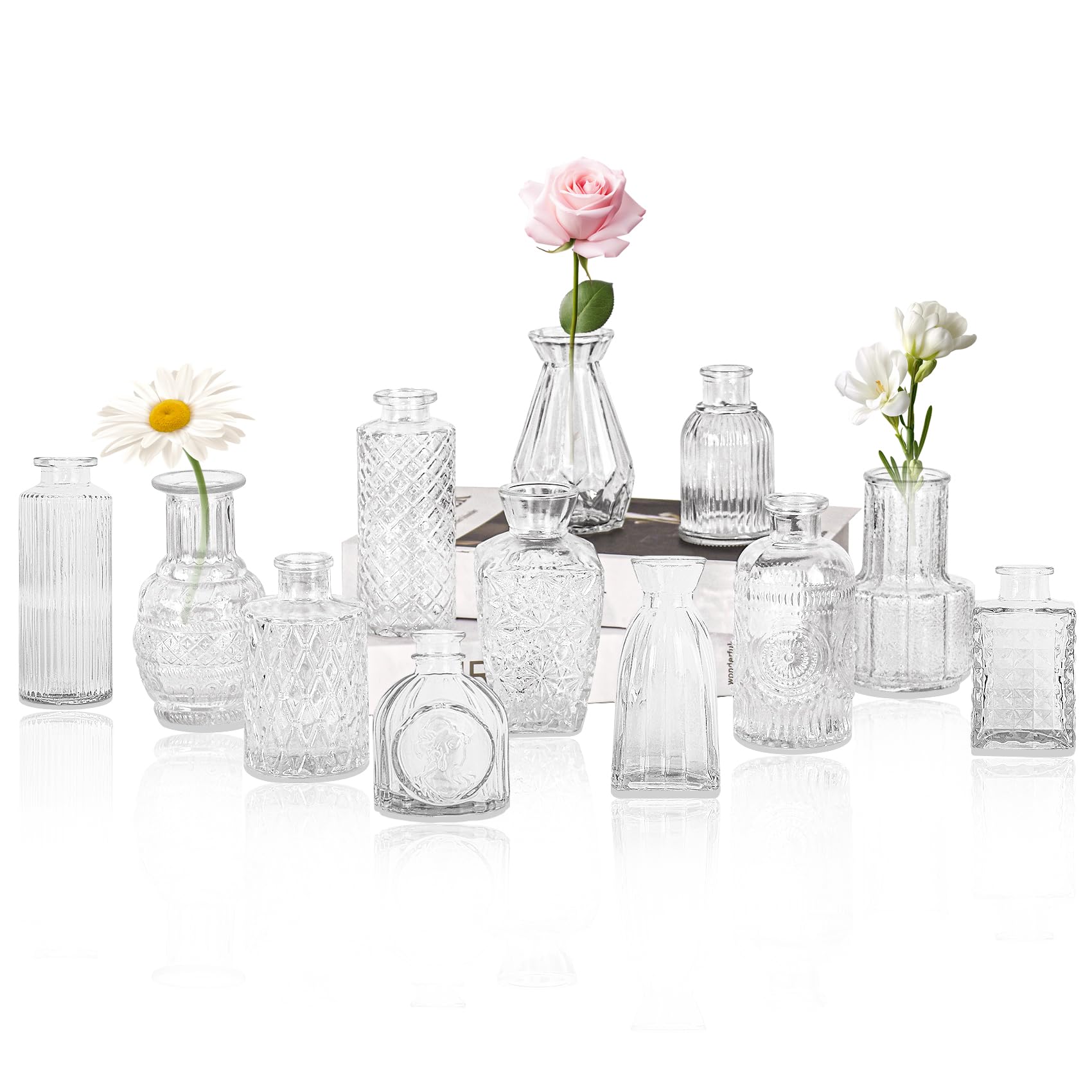 Photo 1 of Set of 12 Glass Bud Vase Set, Small Vintage Clear Flower Vase Centerpieces for Table Bulk Cute Rustic Style Mini Vase for Home Decor Wedding Baby Shower Birthday Party