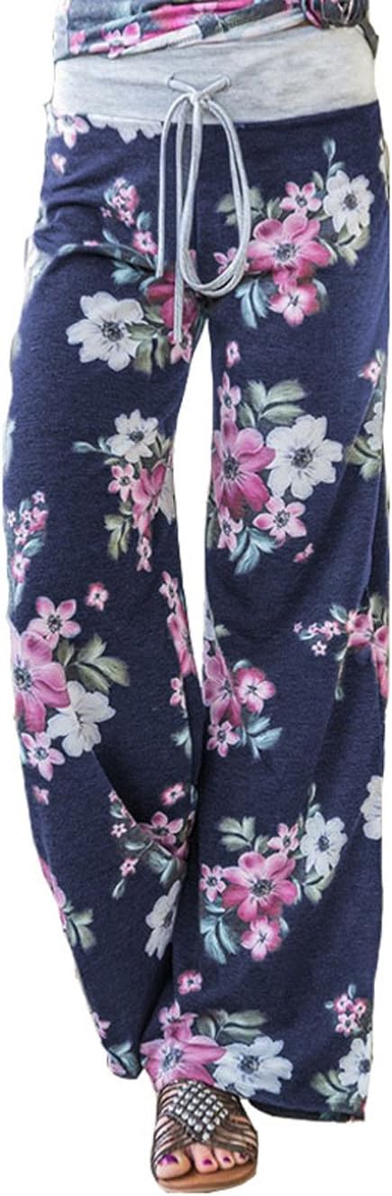 iChunhua Women's Comfy Stretch Floral Print Drawstring Palazzo Wide Leg Lounge Pant