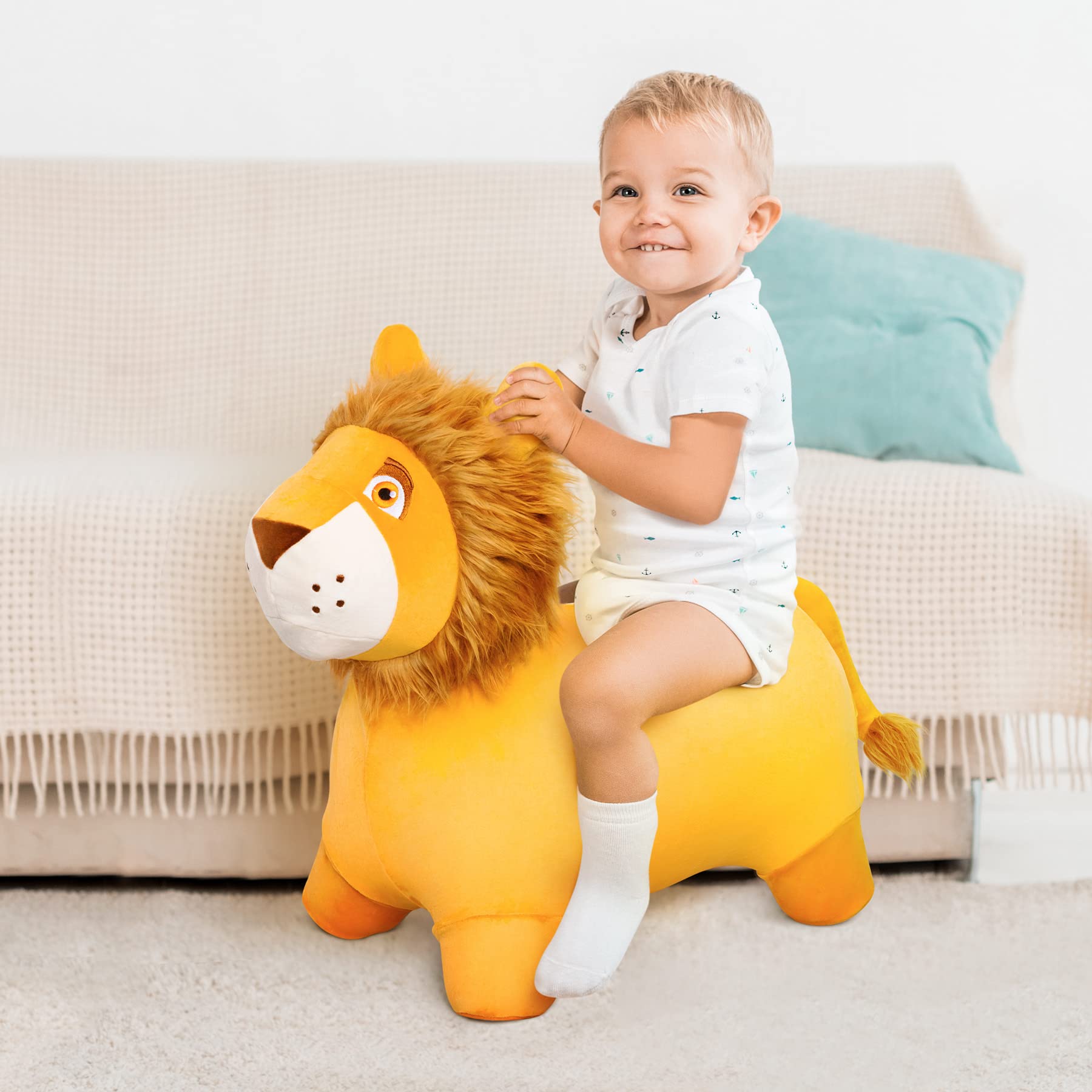 U&C Planet Hüpftier für Kinder ab 1 Jahr, Aufblasbarer Hüpf-Löwe mit Pumpe 6