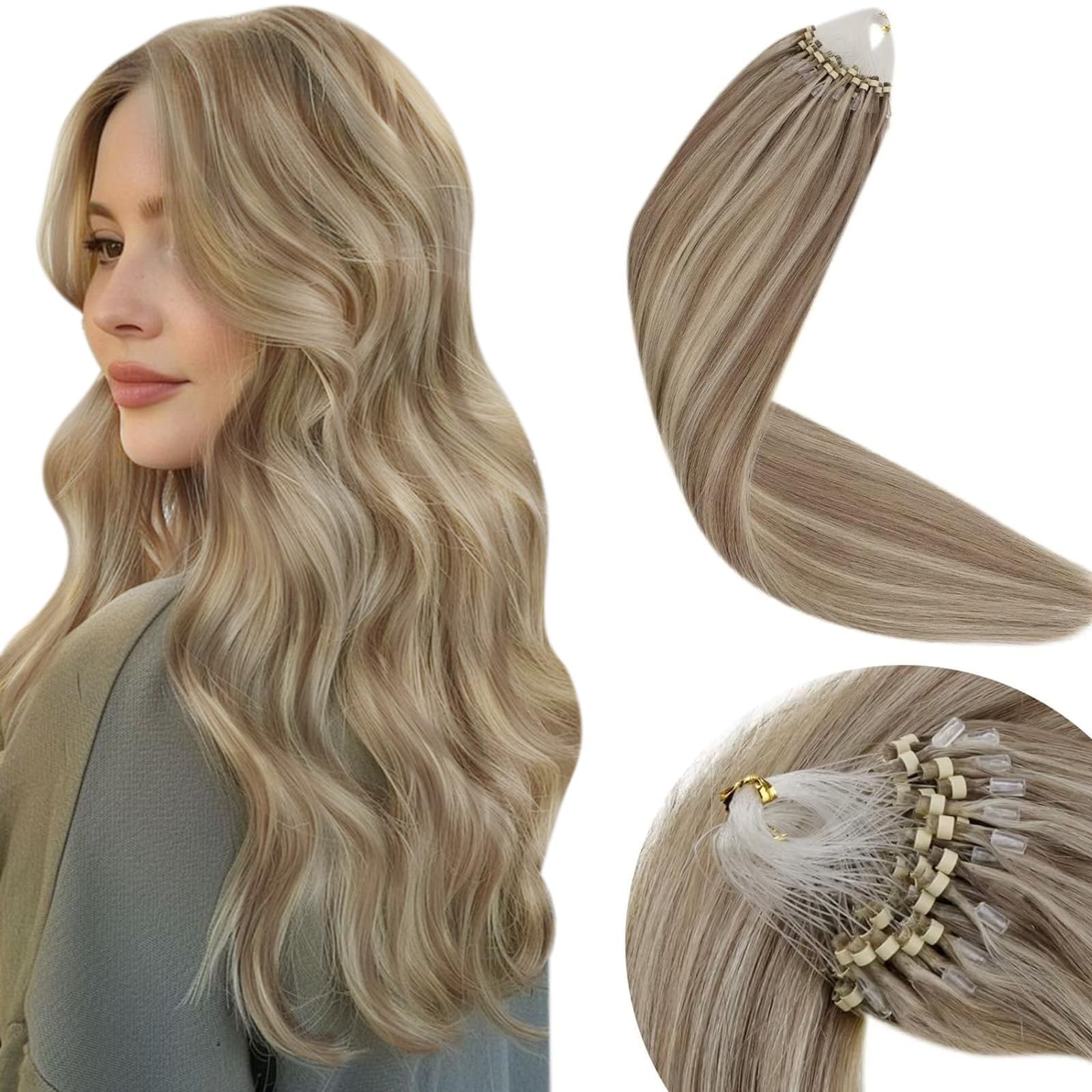 LaaVoo Micro Loop Hair Extensions Real Human Hair Blonde Remy Straight Highlight Light Brown & White Blonde Invisible Micro Ring Hair Extensions 50g 50s 16 Inch #p8/24 — image 1