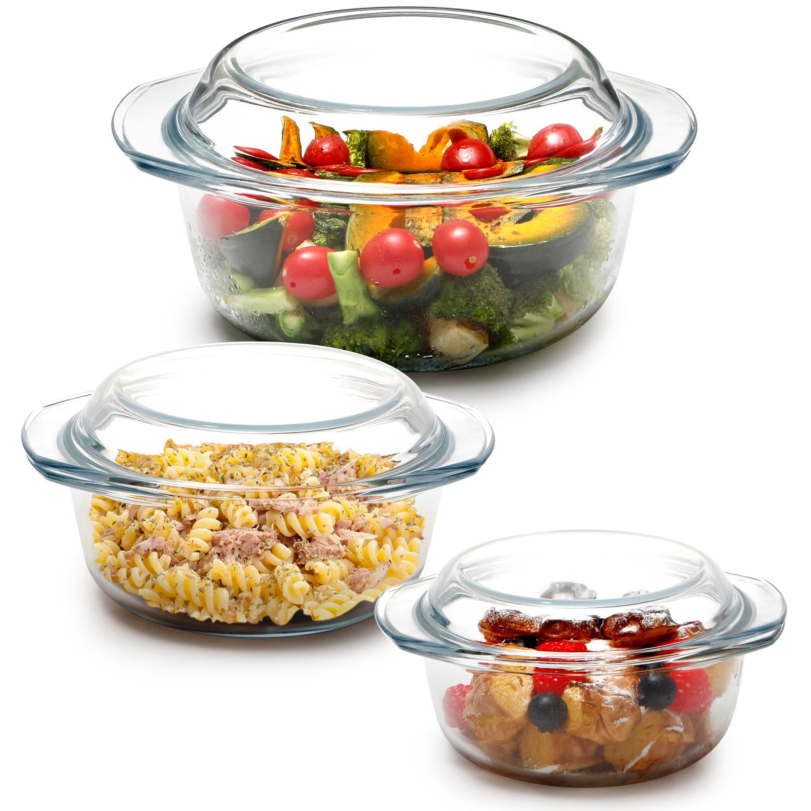 Glass Round Casserole Dish Set - 1L, 1.4L, 1.7L with Lids and Handles