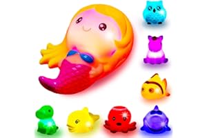 HLXY Bath Toys for Toddlers Baby 8 Pack Light Up Toys - Bathtub Toy Flashing Colourful LED Light Shower Bathtime for Kids Infants Shark, Clown Fish, Owl, Unicorn, Octopus, Dolphin, Dinosaur Mermaid