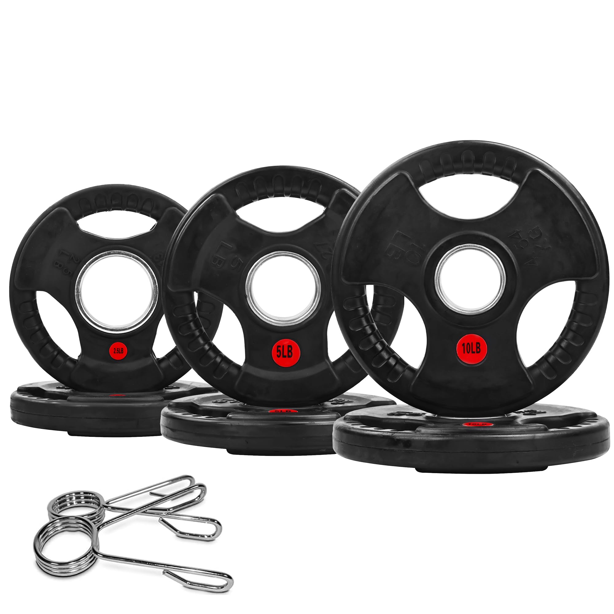 Photo 1 of ?3-Pack?2.5 5 10 LB Bumper Plates Weight Set with Spring Collars - 2" Olympic Grip Plates, Rubber Encased Iron Weights for Home Gym, Deadlift