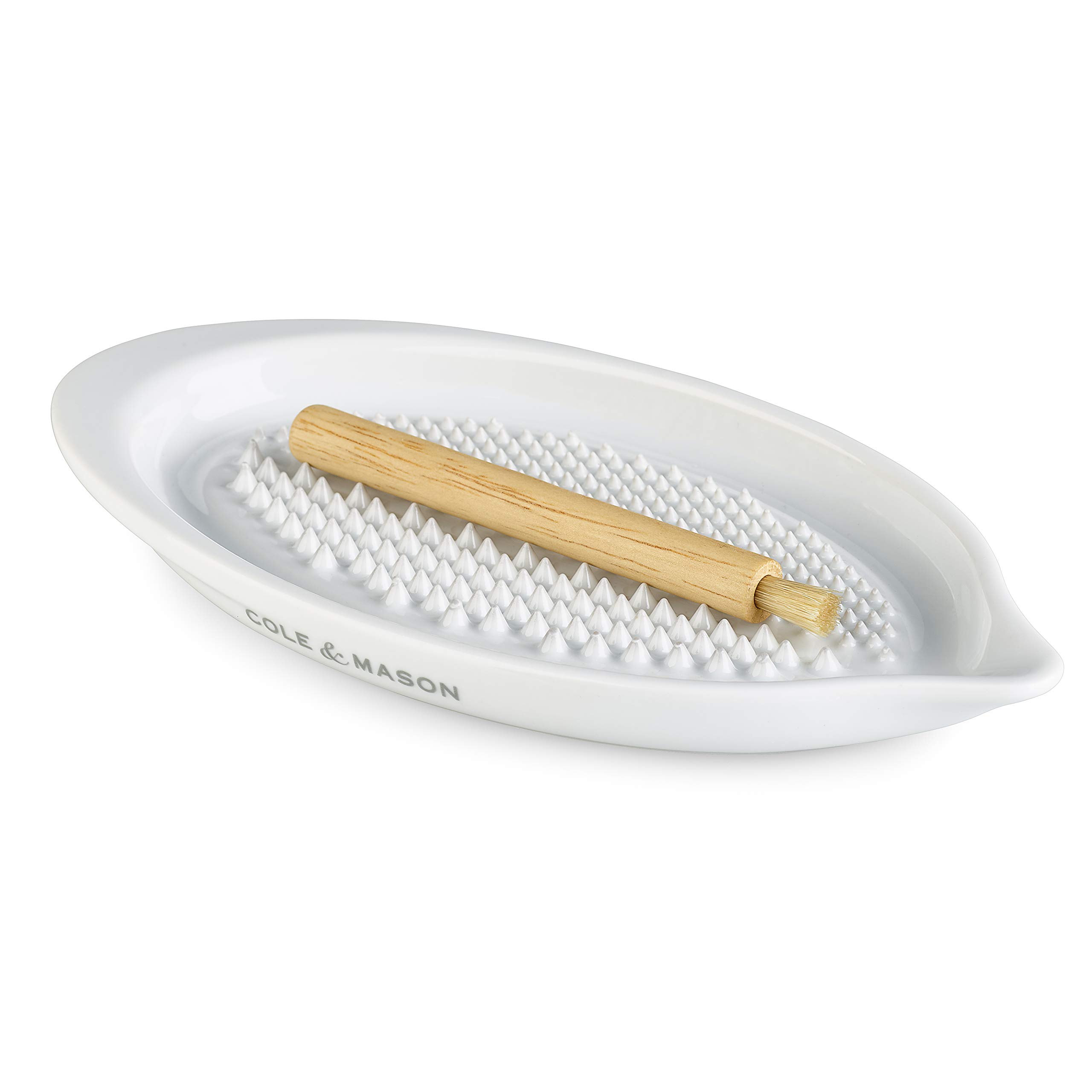 Cole & Mason Keele Ceramic Grater Plate | Garlic, Ginger, Cheese Grater | White Glazed Porcelain | Includes Wooden Brush | Dishwasher Safe | 2 Year Warranty