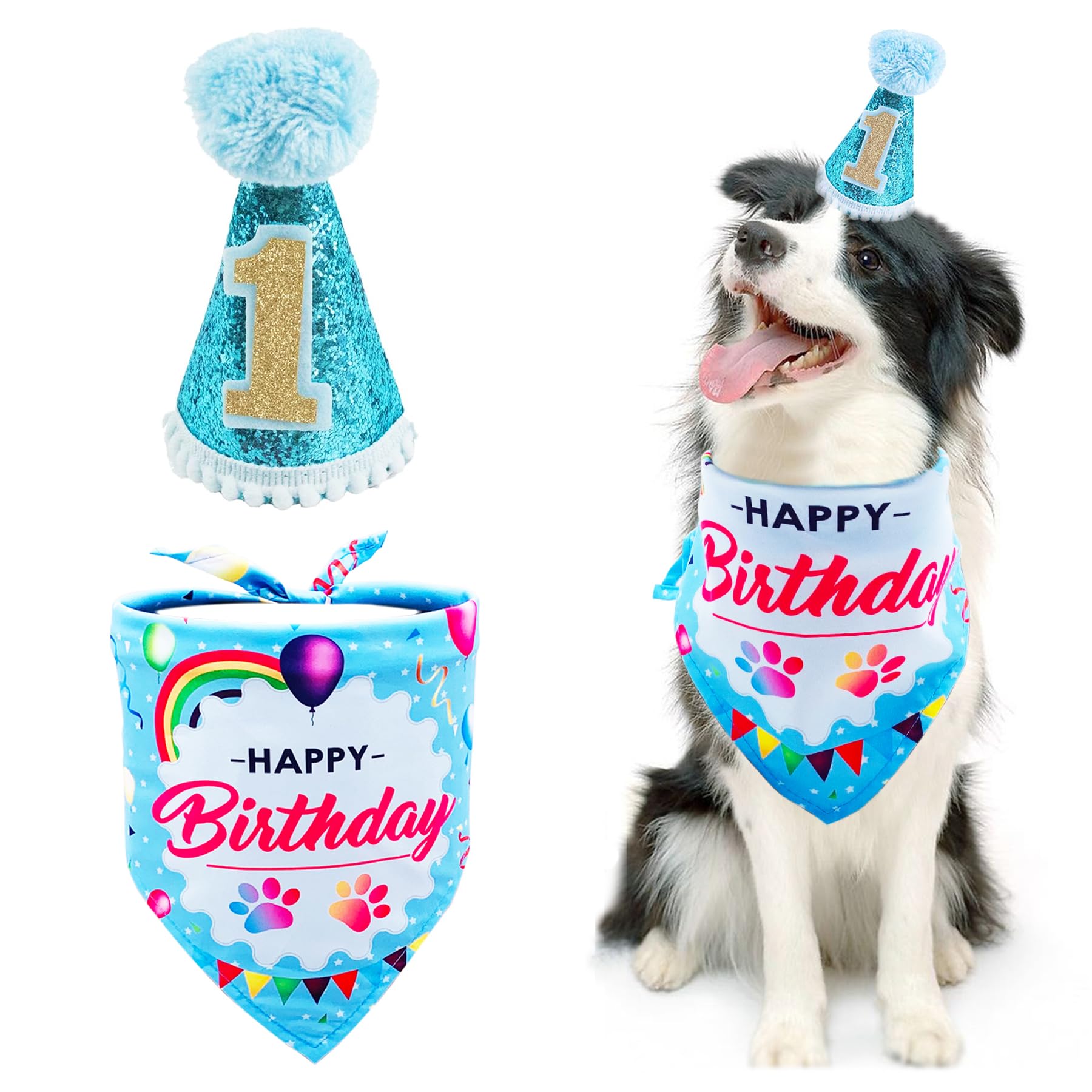BIPY Dog 1st Birthday Hat Bandana Set for Boys Small Medium Dogs Cats Soft Bibs Doggy Party Grooming Supplies Celebration Birthday Bandana Shipped Randomly