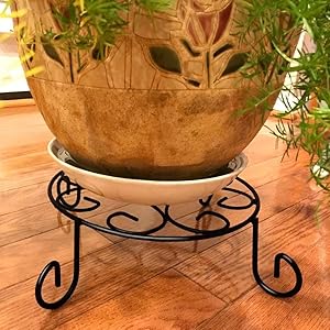 AMAGABELI GARDEN & HOME 10 inch Metal Potted Plant Stand Rustproof Iron Art Flower Pot Holder Rack Steel Short Planter Supports Trivet Floor Saucer Decorative Garden Pots Containers Stand Black