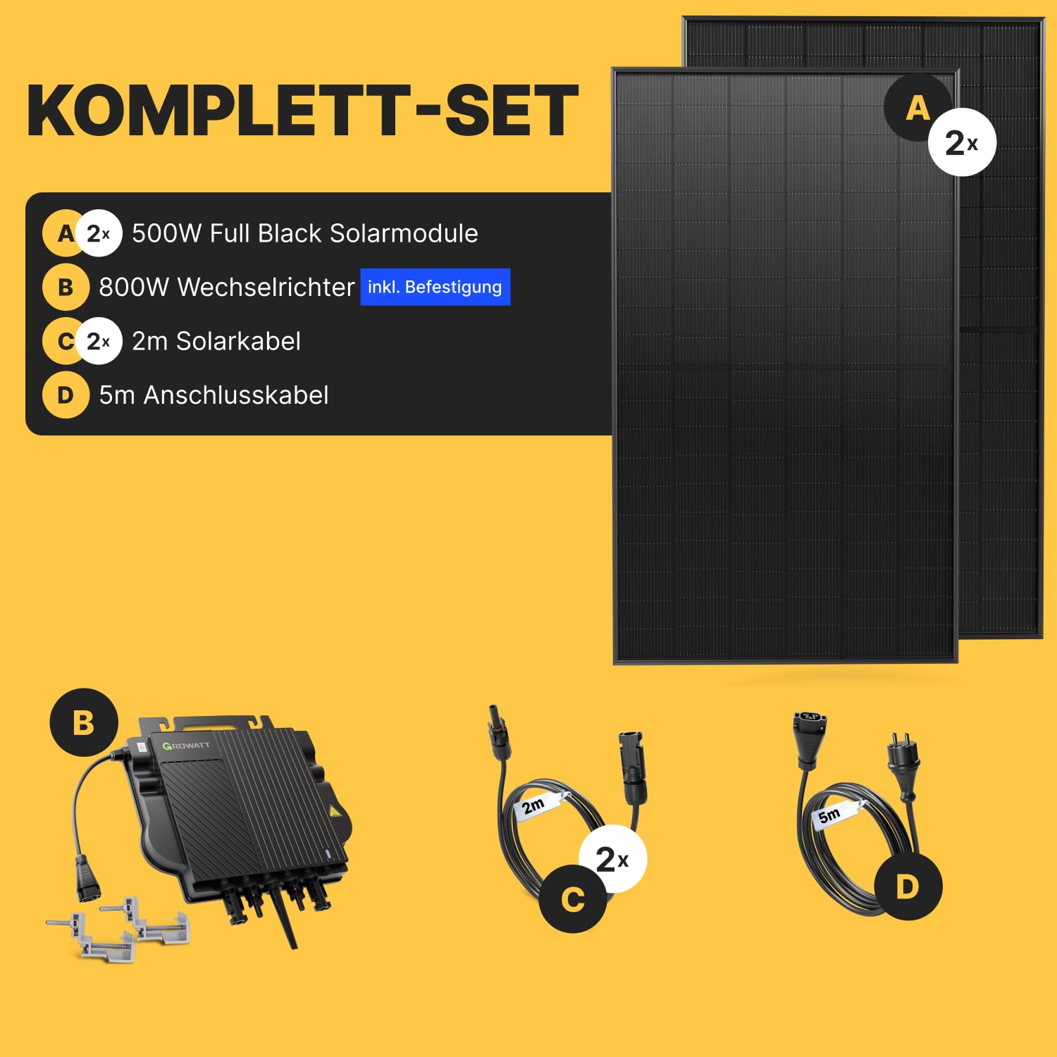 Solakon 1000W Balkonkraftwerk - Balkonkraftwerk 800W komplett Steckdose - neuester 800 Watt Wechselrichter - Solaranlage Komplettset, 500W bifaziale Solarmodule inkl Zubehör - 5m Kabel, Ohne Halterung 4