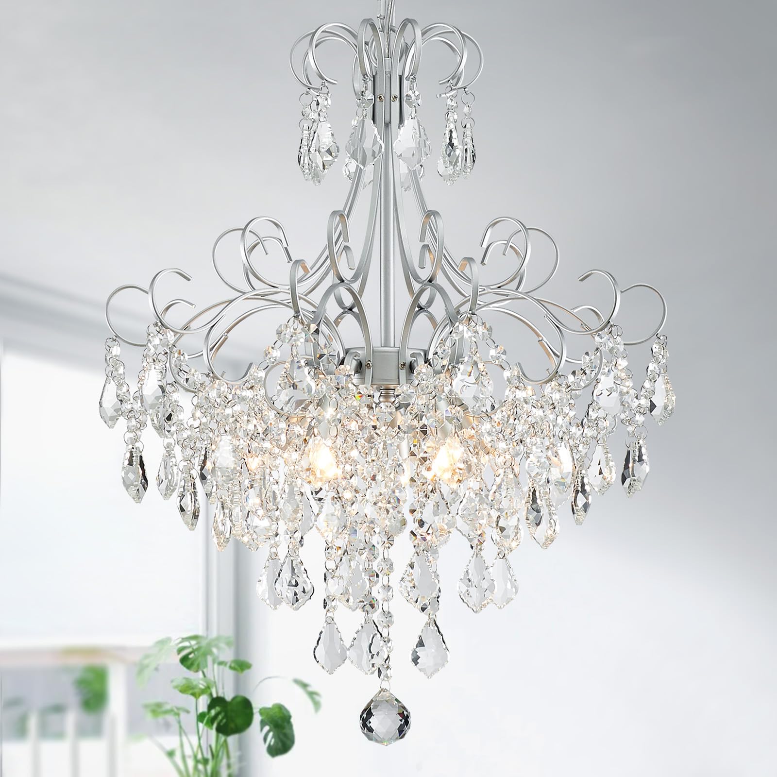 Photo 1 of WUZUPS Crystal Chandelier 5-Light Pendant Ceiling Light Modern Lighting Fixture for Dining Room Hallway Bedroom Kitchen Bathroom, H 22.4" x W 18.3", E12 Base, Silver