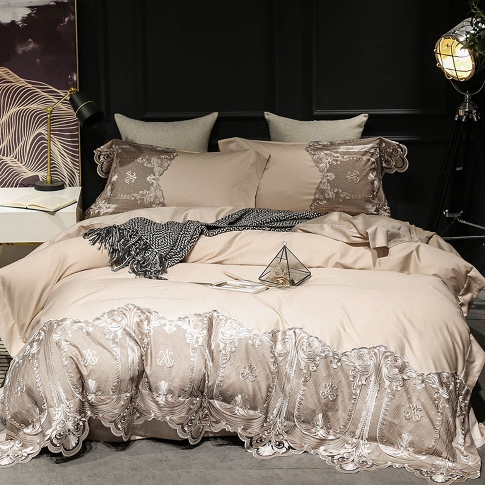 European-style satin 60 staple cotton bedding embroidery paste cloth embroidered american minimalist princess wind four-piece set-A 220x240cm(87x94inch)