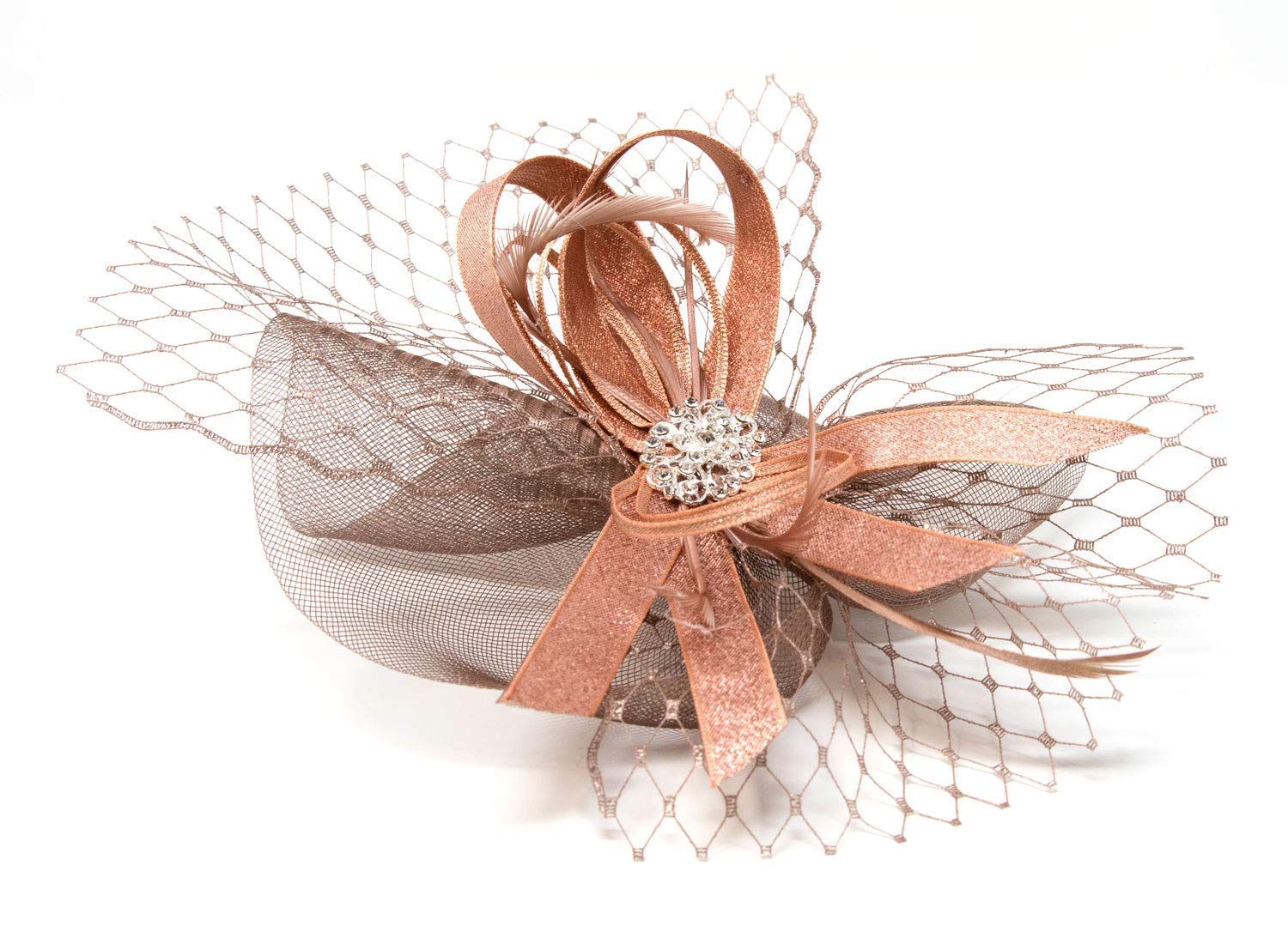 Metallic rose gold fascinator with diamantè brooch on an alice band