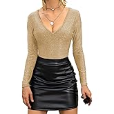 BelleLovin Womens Long Sleeve Bodysuit Solid Color Sexy V neck Slim Elastic Glitter Body suits tops Clubwear