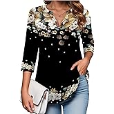 Zeagoo Womens 3/4 Length Sleeve Tops V Neck Tunic Casual Dressy Blouse Floral Printed Shirts