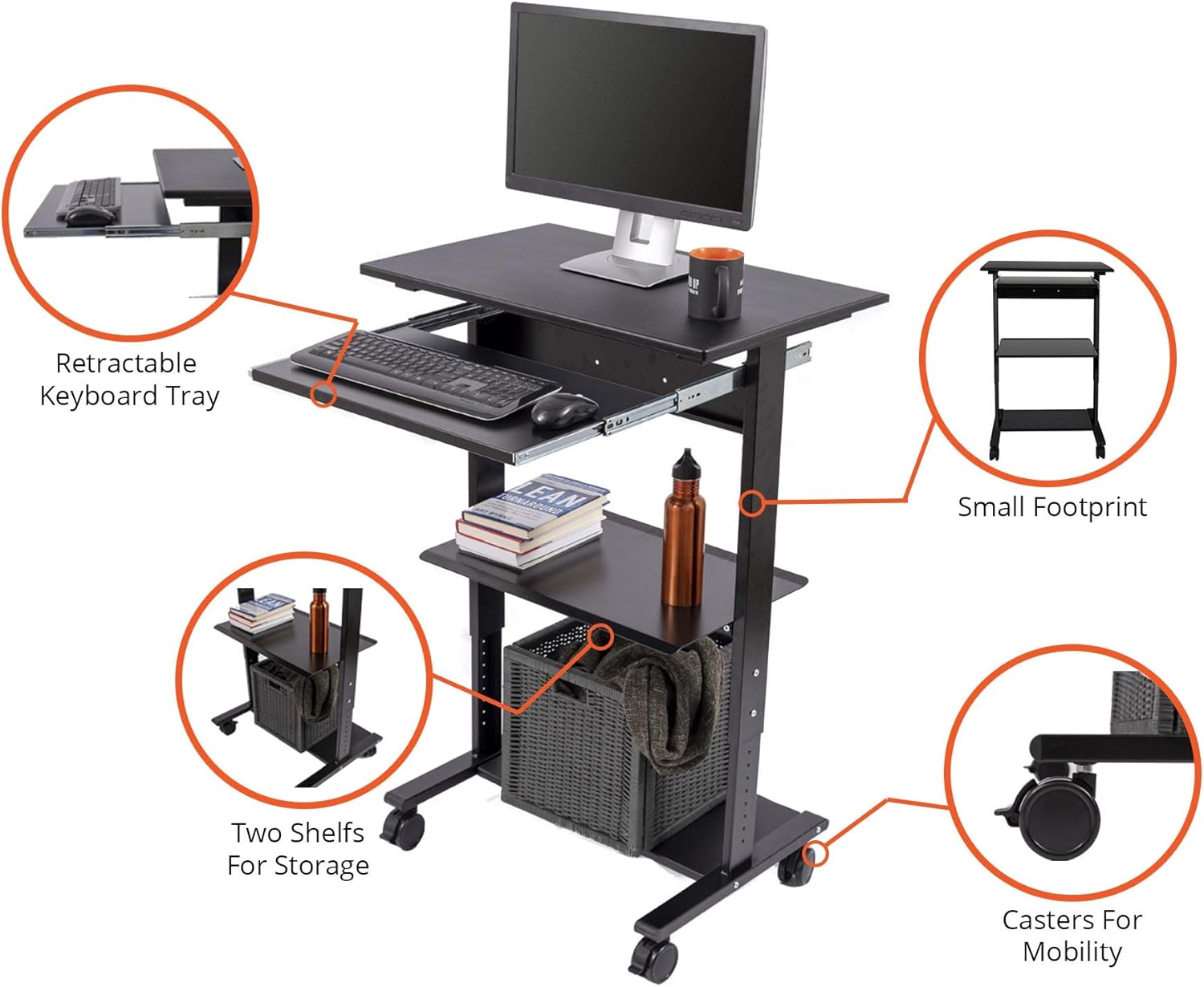 Stand Up Desk Store Mobile Rolling Adjustable Height Standing Workstation with Printer Shelf and Slideout Keyboard Tray (Black Frame/Black Top, 30" Wide) : Office Products
