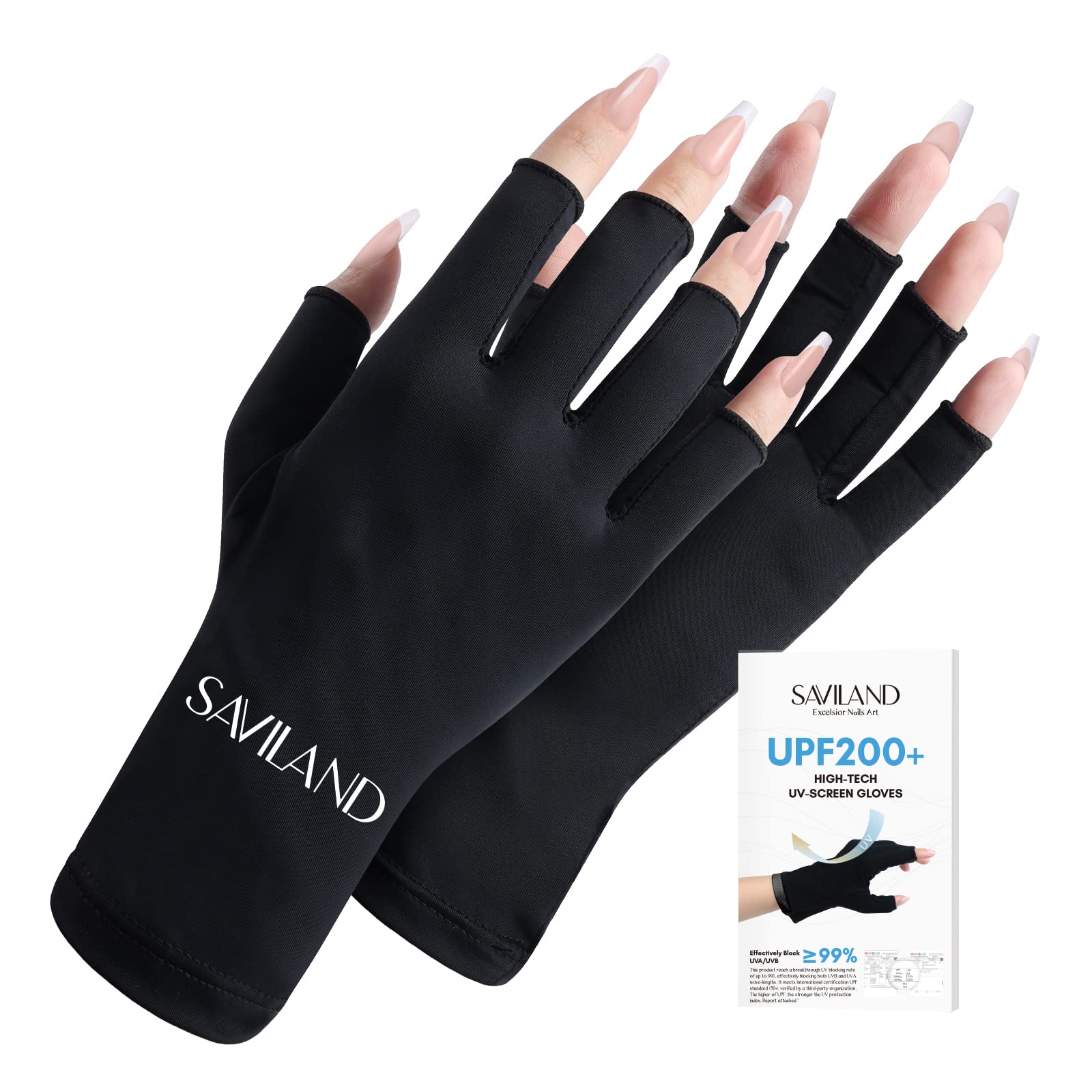 Saviland UV Gloves for Gel Nails - UPF200+ High-tech Protection Manicures, Anti UVA&UVB 999+ Nail Lamp Skin Care Fingerless Protect Hands from Harm(Black), 1.0 count