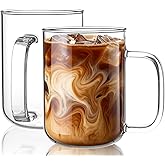 BWODYAY Glass Coffee Mugs, 20 oz Ice coffee cups, Large Clear Tea Cups Set of 2, Glass Mugs with Handles, Glass Cups for Latte, Cappuccino, and Tea