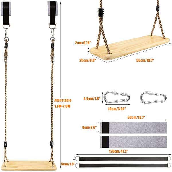 WOODEN SWING HANGING TREE SWINGS, WOOD SWINGS SEAT 19.7 * 9.8IN TO KIDS CHILDREN WITH ADJUSTABLE ROPE PLUS TREE STRAPS FOR BACKYARD, PLAYGROUND, PORCH, PATIO, GARDEN, PARK OR HOME