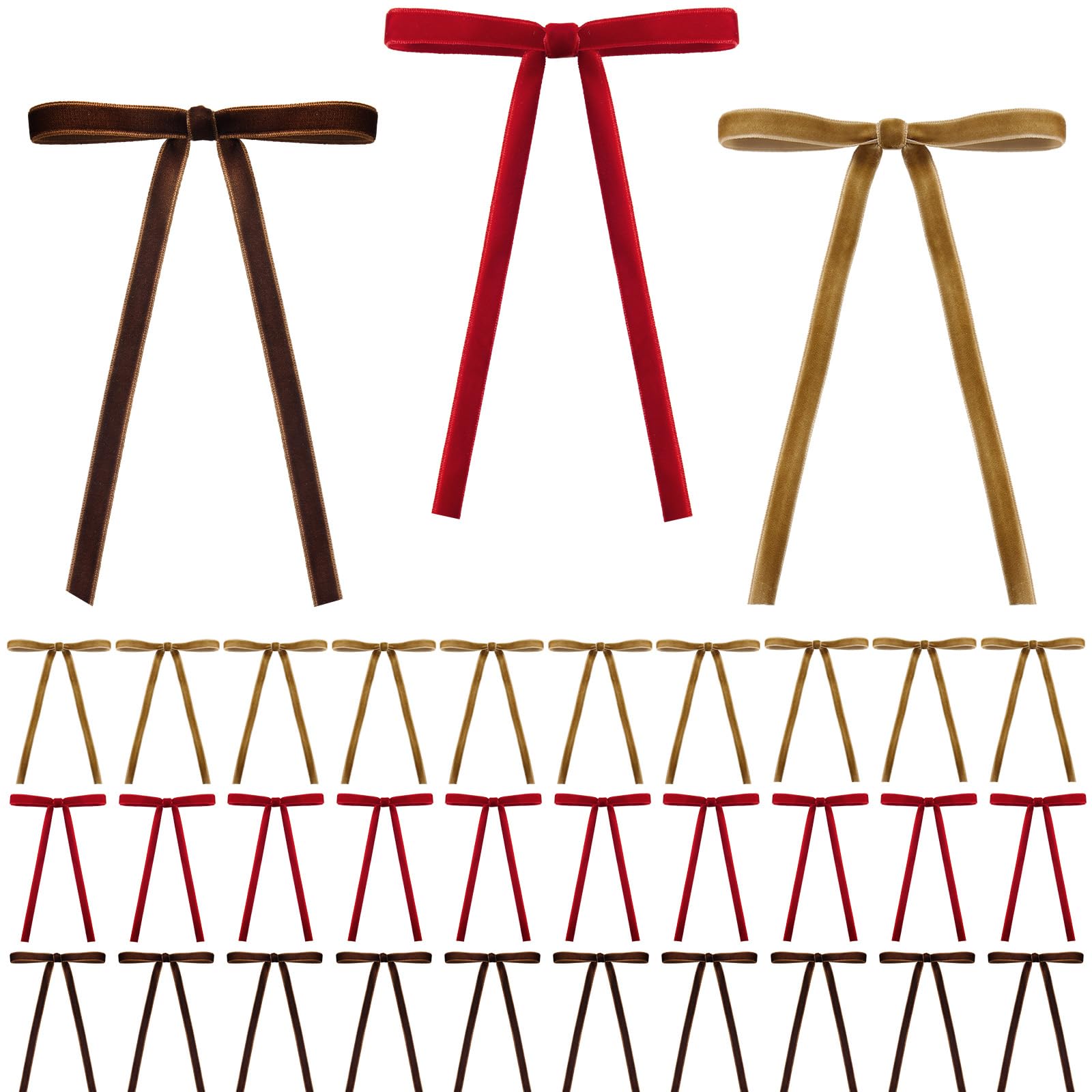 Photo 1 of 30 Pcs Velvet Ribbon Bows for Christmas Tree Decorations - Assorted Colors (Khaki, Brown, Red) 10 of Each, 5x7 Inch Pre-Tied Rustic Vintage Bows for Wreath, Garland, Gift Wrapping & Holiday Home Décor