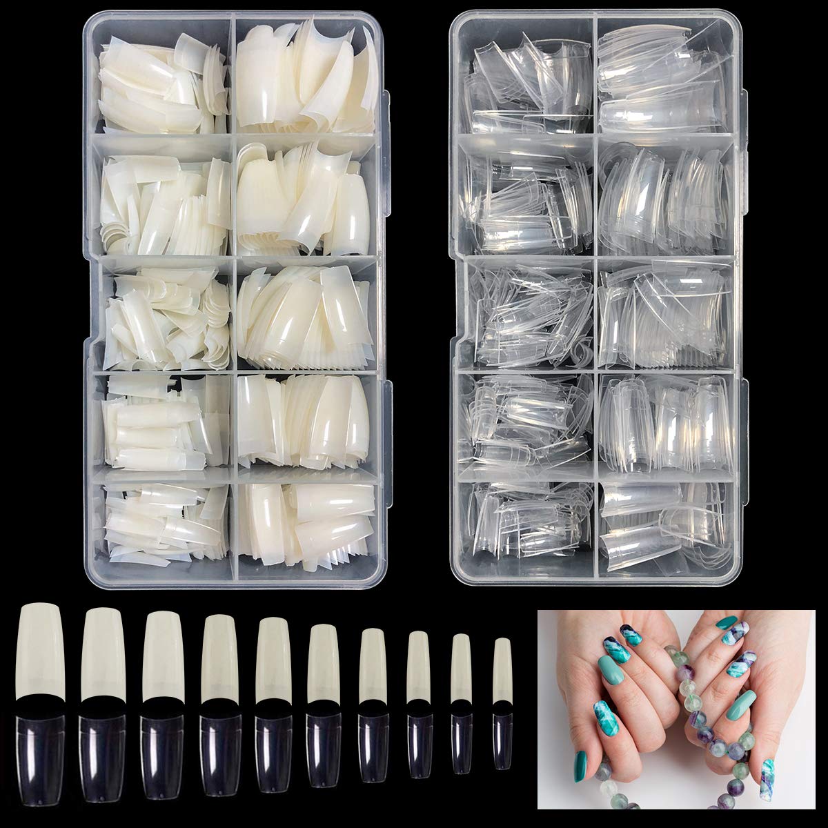 2 Boxes Nail Tips, 500 pcs Clear French Nail Tips+500 pcs Natural French Nail Tips,Acrylic Half Cover False Nails Tips With Box for Nail Salon Nail Art and Home DIY Nail Art, 10 Sizes