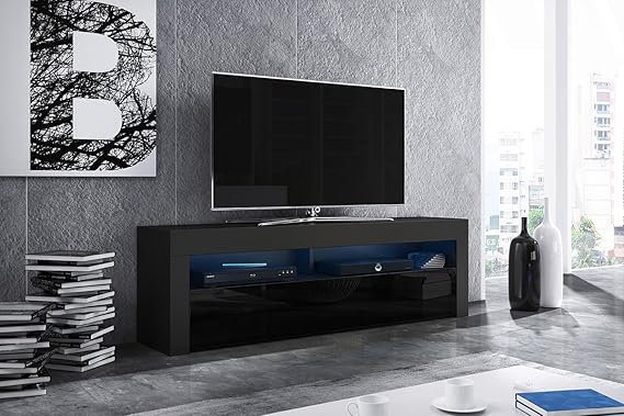 Alan - TV Lowboard / TV-Bank / Fernsehschrank Schwarz Matt / Schwarz Hochglanz, LED in Blau, 160 cm