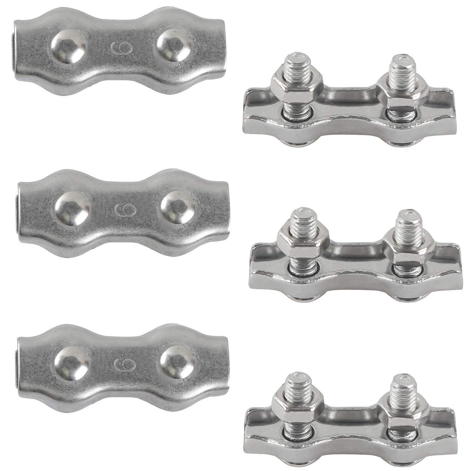 Rshuhx M6 Duplex Clamp 304 Stainless Steel Heavy Duty Wire Rope Clips Duplex Bolt Cable Clamp for Wire Rope Clotheslines Fixed Patio Hanging Sun Sails 6PCS