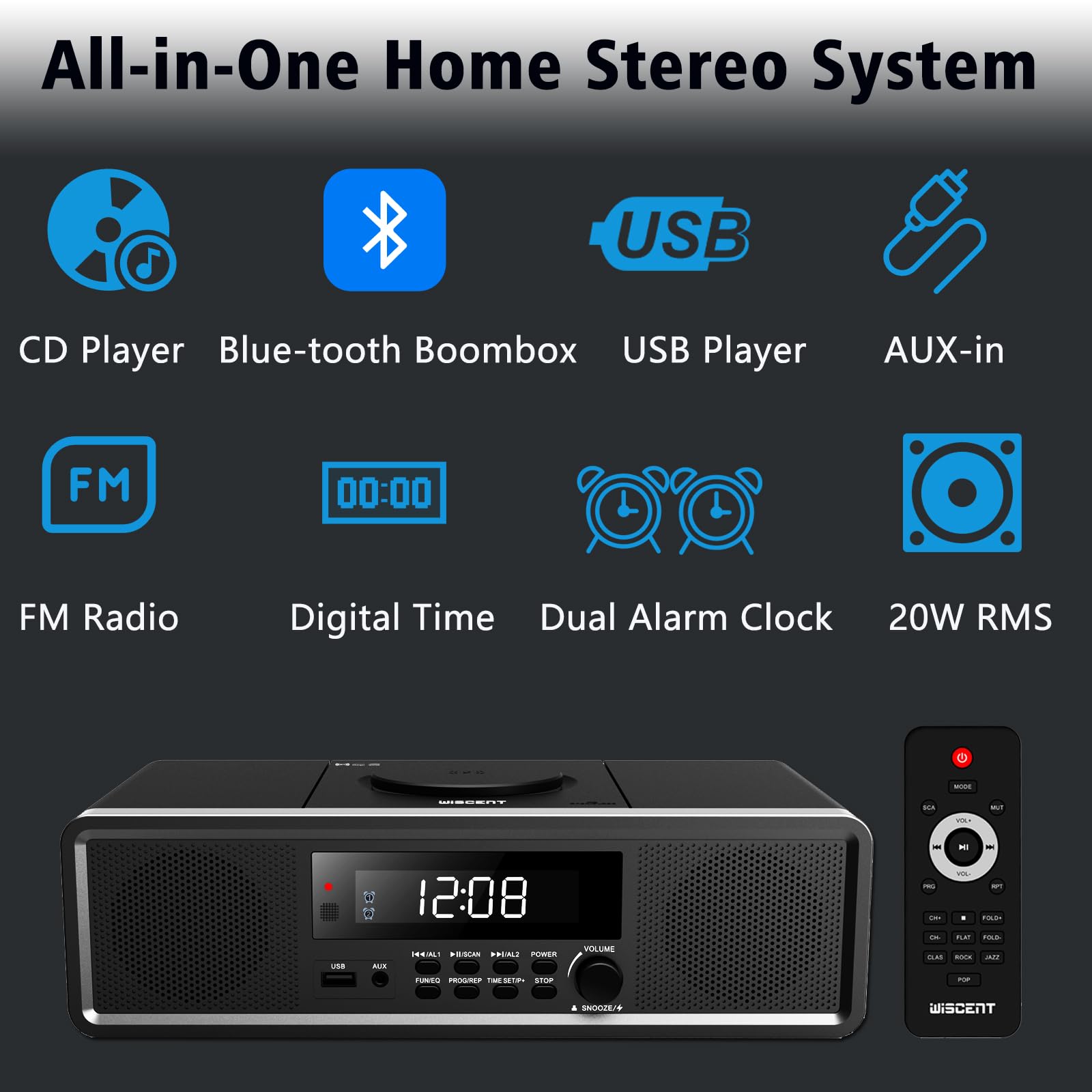 Compact Stereo System with CD Player, Bluetooth, Dual Alarms Clock, FM Radio, 20W RMS Clear Sound, USB/AUX Input, Snooze & Sleep Timer, Remote Control - for Home and Bedroom
