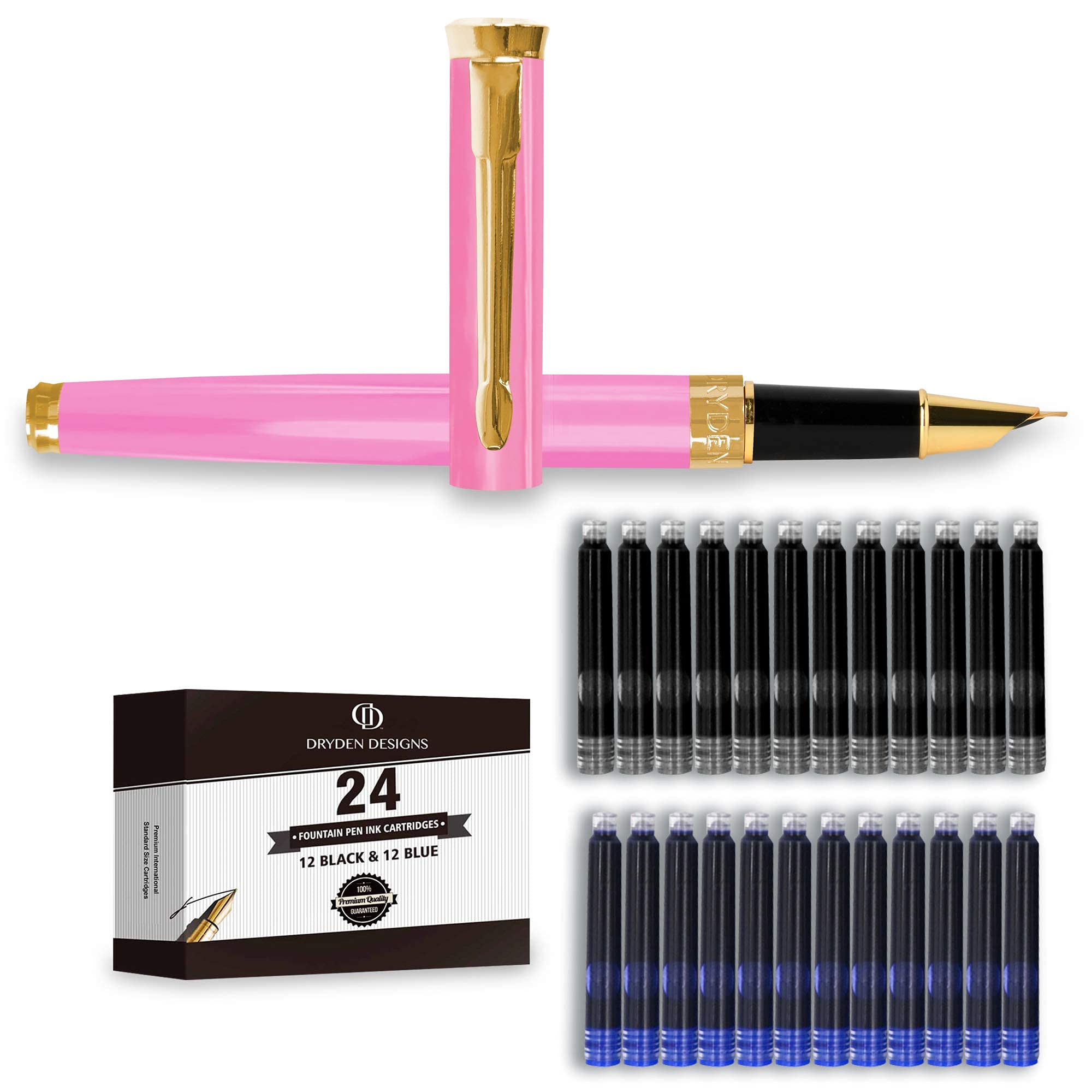 Dryden Designs Fountain Pen Fine Nib - Includes 24 Ink Cartridges - 12 Black and 12 Blue - Pink - Smooth Elegant Writing with Ink Converters